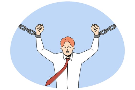 Motivated strong man break chains strive being free and independent. Powerful businessman reach independency and freedom. Self-employment concept. Vector illustration.