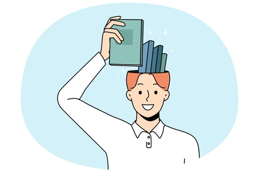 Smiling man put book in head remembering. Happy wise guy take textbook from brain showing excellent memory. Education and knowledge concept. Flat vector illustration.