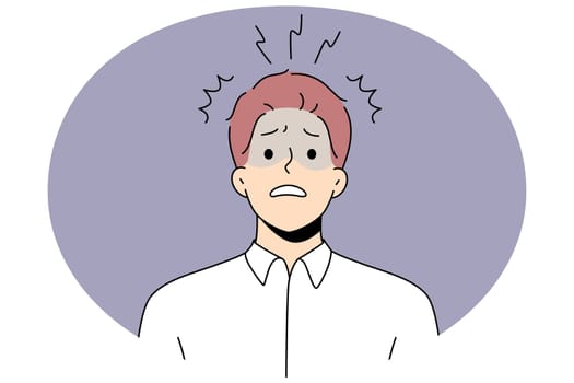 Unhappy male employee or worker feel frustrated and distressed with work problems. Anxious man worker stressed confused with news or ideas. Frustration and stress. Vector illustration.