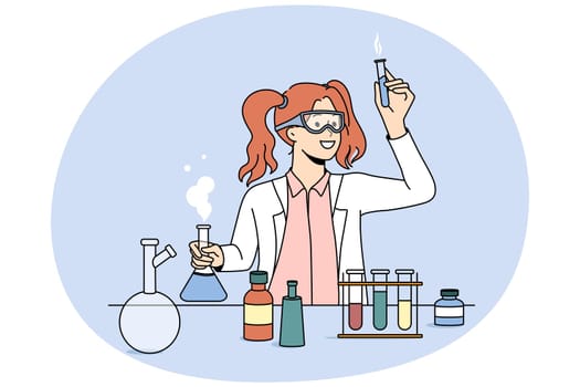 Female scientist working with tubes in laboratory. Professional researcher do experiments in lab. Science and chemistry. Vector illustration.