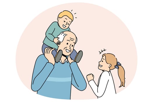 Happy mature grey-haired grandfather playing with small grandchildren. Loving grandpa have fun enjoy playful activity or game with little grandkids. Family bond. Vector illustration.