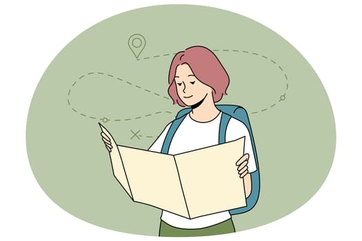Young woman tourist looking at map planning trip. Happy girl backpacker finding route on paper map. Travel and adventure concept. Flat vector illustration.