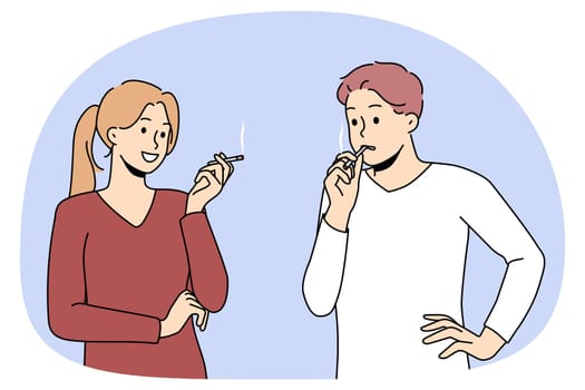 Smokers couple talking suffer from nicotine addiction. People with cigarettes smoking outside. Bad habit and healthcare. Vector illustration.