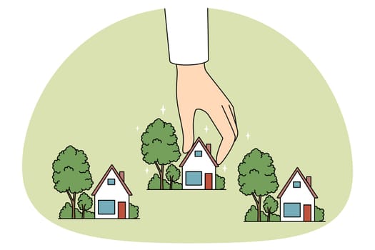 Real estate agent working with small house miniatures. Realtor or broker hand holding homes maquettes. Realty and rent concept. Vector illustration.