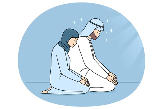 Muslim man and woman in traditional clothes sit on floor praying to Allah. Religious Arabic couple in prayer show gratitude and faith. Religion and culture concept. Vector illustration.