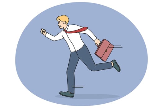 Anxious male employee running in hurry worried be late for work. Stressed businessman rushing for meeting or briefing. Meeting deadline and time management. Vector illustration.