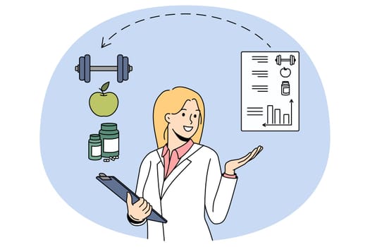 Female nutritionist recommend healthy eating and doing sports for good health and shape. Smiling woman dietician create diet plan for client. Weight loss and wellness. Vector illustration.
