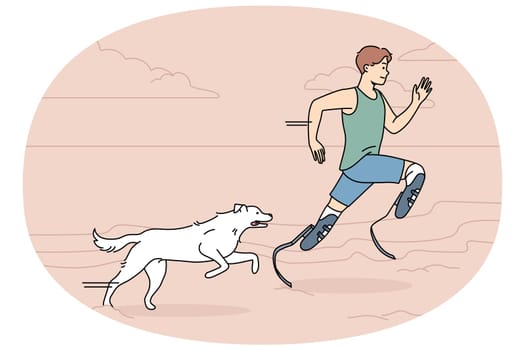 Athlete with prostheses running with dog on beach. Man with prosthetic legs training jogging with pet outdoors. Sport and disability. Vector illustration.