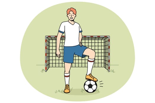 Smiling goalkeeper in uniform standing on field. Happy man player with ball playing football outdoors. Sport and hobby. Vector illustration.