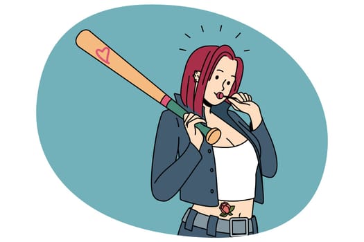 Bad girl in open clothes with tattoos on body licking lollipop. Stylish teen female from youth subculture. Vector illustration.