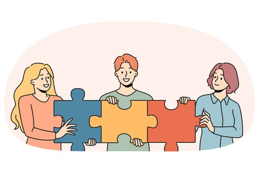 Happy people connect jigsaw puzzle together show shared business goal and motivation. Employees demonstrate cooperation and teamwork. Vector illustration.