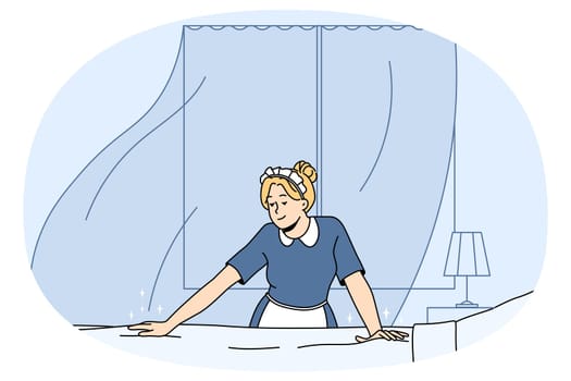 Maid changing bedding cleaning hotel room. Housekeeper in uniform working. Housekeeping service. Vector illustration.