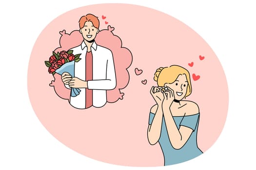 Happy young woman dreaming of beloved man coming on date with flowers. Smiling girl imagine boyfriend with floral bouquet on romantic meeting. Love and relationship. Vector illustration.