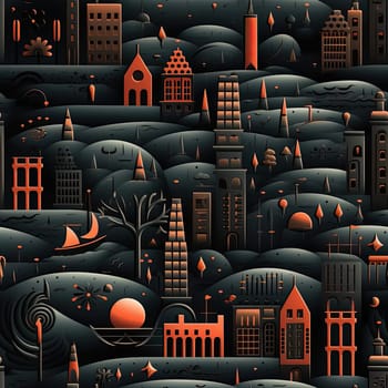 Seamless pattern of cities and buildings on a black night with surrealistic fantasy landscapes