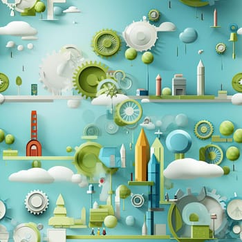 Urban cityscape with gears and machines in green and blue hues (tiled)