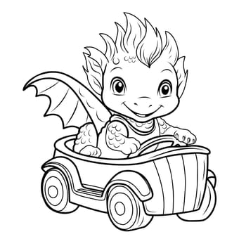 Cute dragon on the car.Simple line illustration for coloring.Dragon year 2024 coloring page