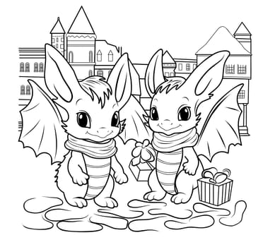 Two cute baby dragons.Simple linear illustration for coloring.Dragon year 2024 coloring page