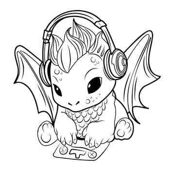 Cute dragon for gamer.Game addict.Simple line illustration for coloring book.Dragon year 2024 coloring page