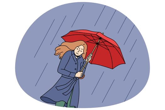 Unhappy young woman going under umbrella on rainy day. Upset stressed girl walk outside on cold bad weather in storm and thunderstorm. Vector illustration.