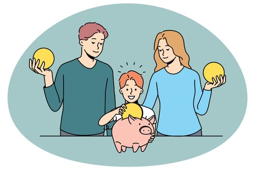 Smiling young family with child put coin into piggybank. Happy parents and small kid invest money for future. Saving and finance stability. Vector illustration.