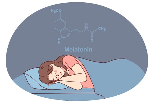 Calm woman sleeping in bed having melatonin hormone produced. Happy girl asleep at home, enjoying peaceful nap or dream. Healthy sleeping and science. Vector illustration.