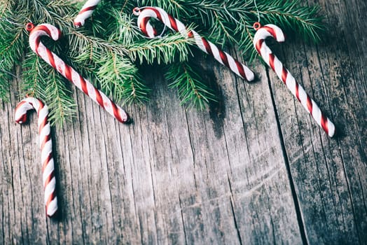 Christmas tree decoration on vintage wooden background. New year holiday banner for 2020. Vintage christmas design frame top view.
