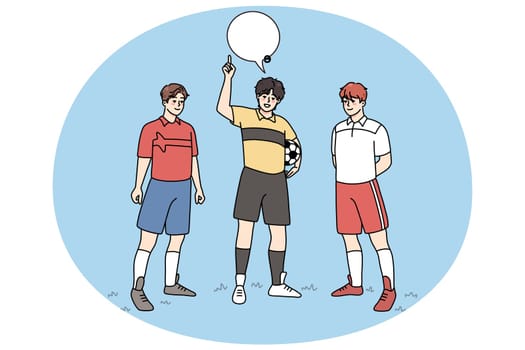 Referee with football players announce fair play on field. Sports activity concept. Men playing football outdoors. Flat vector illustration.