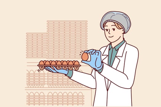 Woman factory worker holds chicken eggs while checking finished product for compliance with quality standards. Young girl factory technologist in white coat works in food industry.