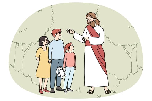 Smiling Jesus Christ talking with small children in garden. Caring Messiah speak with little kids outdoors. Religion and faith. Vector illustration.