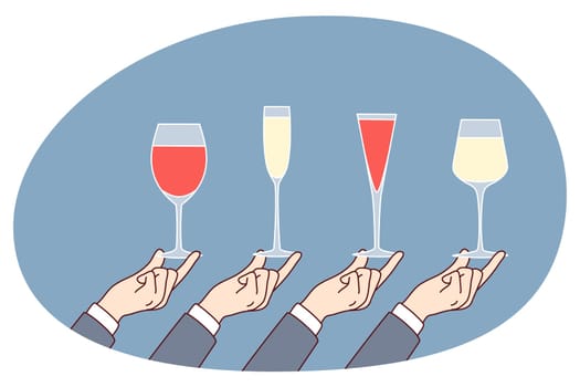 Hands holding diverse glasses with alcoholic beverages. Sommelier tasting alcohol. Party or celebration. Drinks at bar. Flat vector illustration.