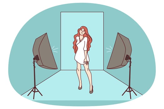 Woman model shooting with lights in studio for advertising. Smiling female have photoshoot posing for fashion campaign. Flat vector illustration.