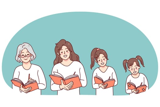 Woman writing in diary all her life. Small girl, adult woman and old grandmother handwriting in planner or journal, making memories. Vector illustration.