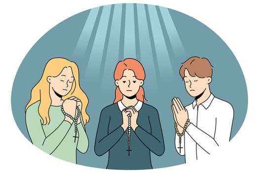 People with rosary praying to go asking for good fate. Religious superstitious believers show faith and belief. Religion and prayer. Vector illustration.
