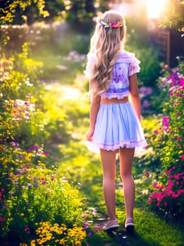 Colorful picture with girl in summer dress and flowers in hair walking in garden.