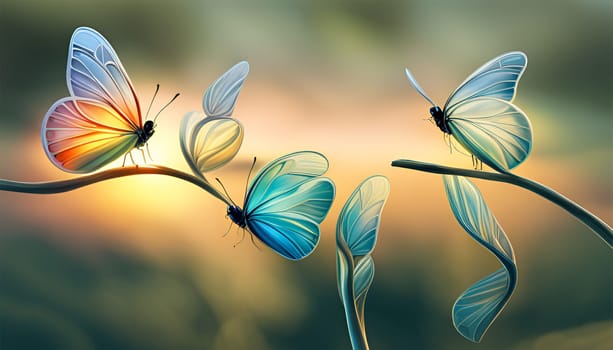 Two blue butterfiles flying on two branches with leaves in bokeh background - Generative AI