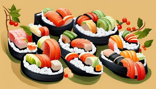 Sushi japanese plate in brown bakckground - Generative AI