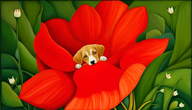 Cute little pet dog in a poppy flower - Generative AI
