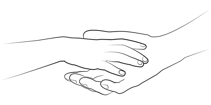 Man's hand holding a child's palm. Vector monochrome drawing