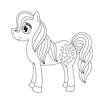 Vector illustration of cute horse, pony with a magnificent mane and tail, coloring book page for children