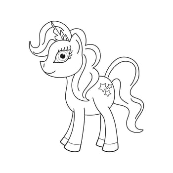 Vector illustration of cute horse princess, royal pony with a magnificent mane and tail, coloring book page for children