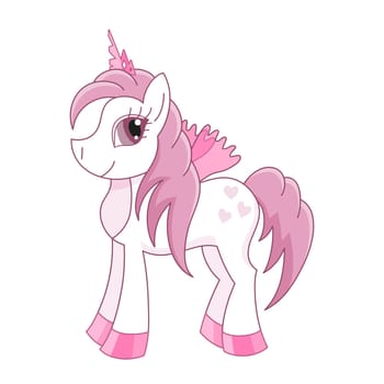 Vector illustration of cute horse princess, royal pony with a magnificent mane and tail, fairy foal with wings, eps 10