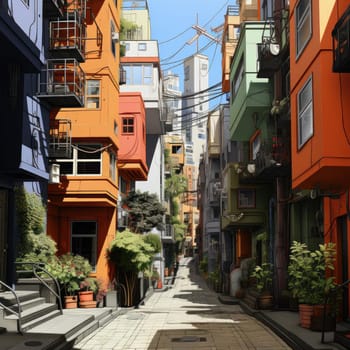 Colorful cityscape with vibrant residential area in digital painting style