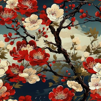 Red and white floral pattern on a tree in a digital painting style with moody colors (tiled)