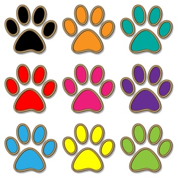 Illustration paw print set in different colors.