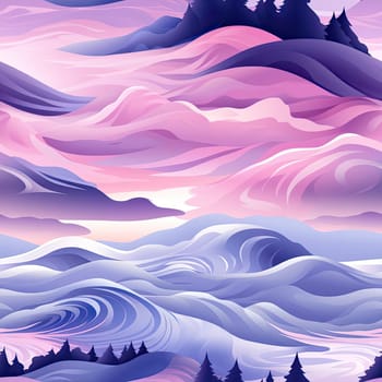 Pink and purple landscape painting with trees and mountains (tiled)