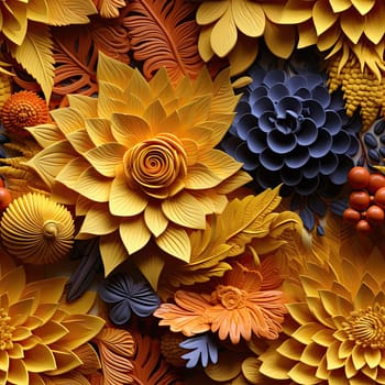 Paper flowers in warm colors with highly detailed foliage (tiled)
