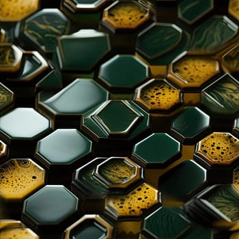 A stack of green and yellow hexagons resembling liquid metal (tiled)