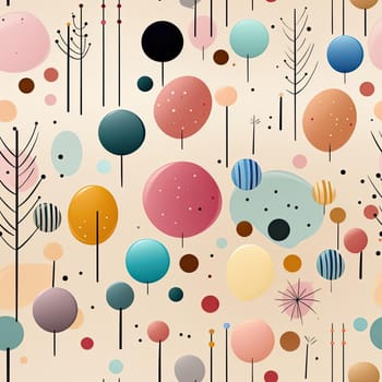 Mid-century style pattern with trees and colorful circles (tiled)