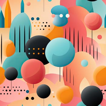 Abstract geometric pattern with colorful circles and buildings (tiled)