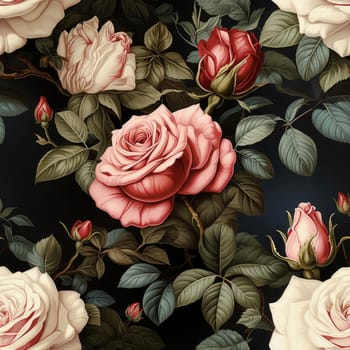Floral print of roses on a black background with ultra detailed rococo patterns (tiled)